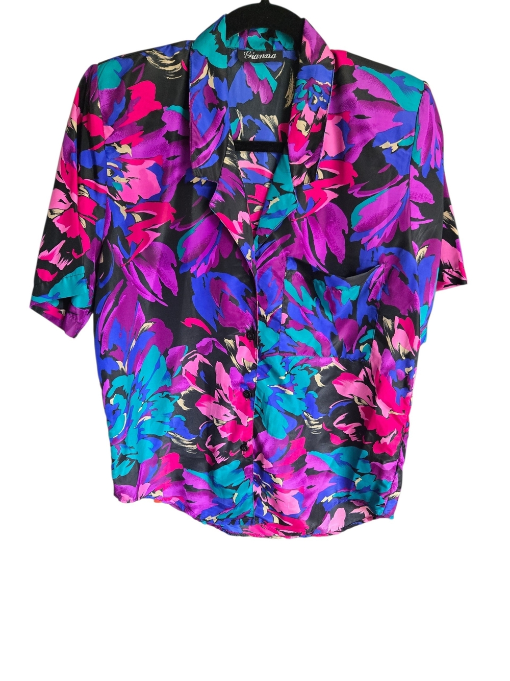 VTG 80s Gianna Bold Floral Blouse Shoulder Pads Short Sleeve Satin Look Med